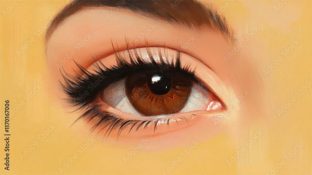 Obraz premium A delicate brown eye with natural reflections on a pastel yellow background