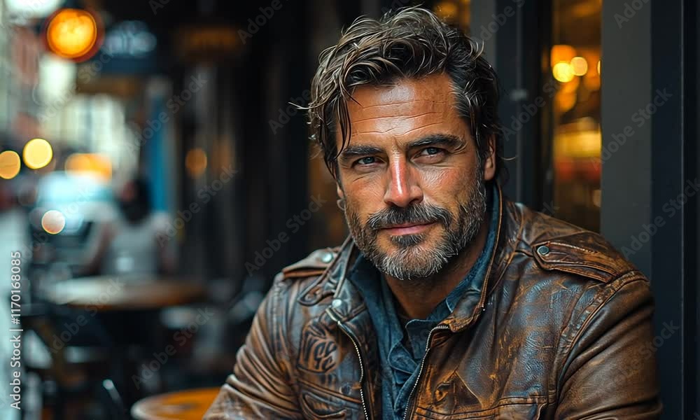 A rugged man in a leather jacket sits casually at an outdoor café, exuding confidence. A rugged man in a leather jacket sits casually at an outdoor café, exuding confidence.