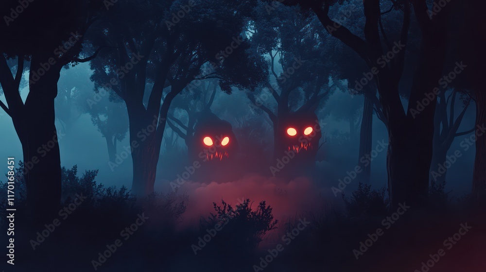 Haunted Forest: A dark forest with glowing eyes peeking from behind trees and fog rolling in. paper cut Art Style 3d background Haunted Forest: A dark forest with glowing eyes peeking from behind trees and fog rolling in. paper cut Art Style 3d background
