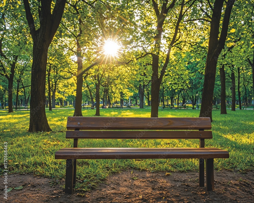 Sunny park bench under green trees. Sunny park bench under green trees.