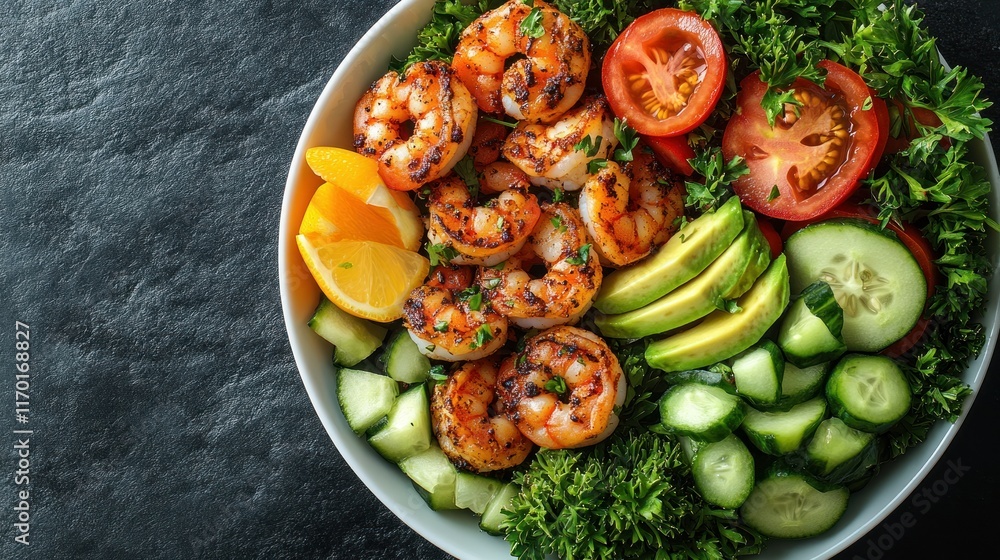A vibrant shrimp salad with fresh vegetables and citrus. A vibrant shrimp salad with fresh vegetables and citrus.