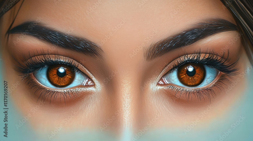 Fototapeta premium A pair of brown eyes glowing warmly on a soft mint background