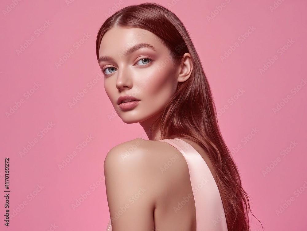 A woman with long brown hair wearing a pink dress A woman with long brown hair wearing a pink dress