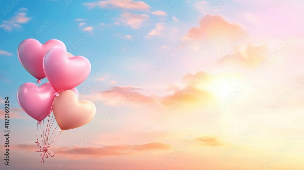 Fototapeta premium A vibrant Valentines vector featuring heart-shaped balloons floating in a bright sky.