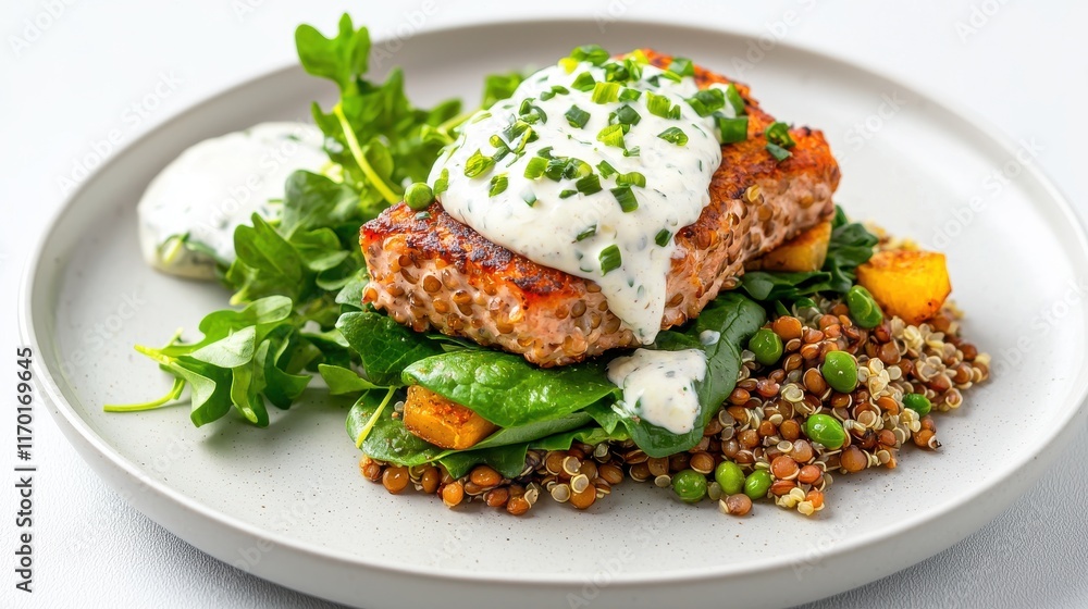 A wholesome veggie burger made with lentils and quinoa, topped with fresh greens and creamy dressing. A wholesome veggie burger made with lentils and quinoa, topped with fresh greens and creamy dressing.
