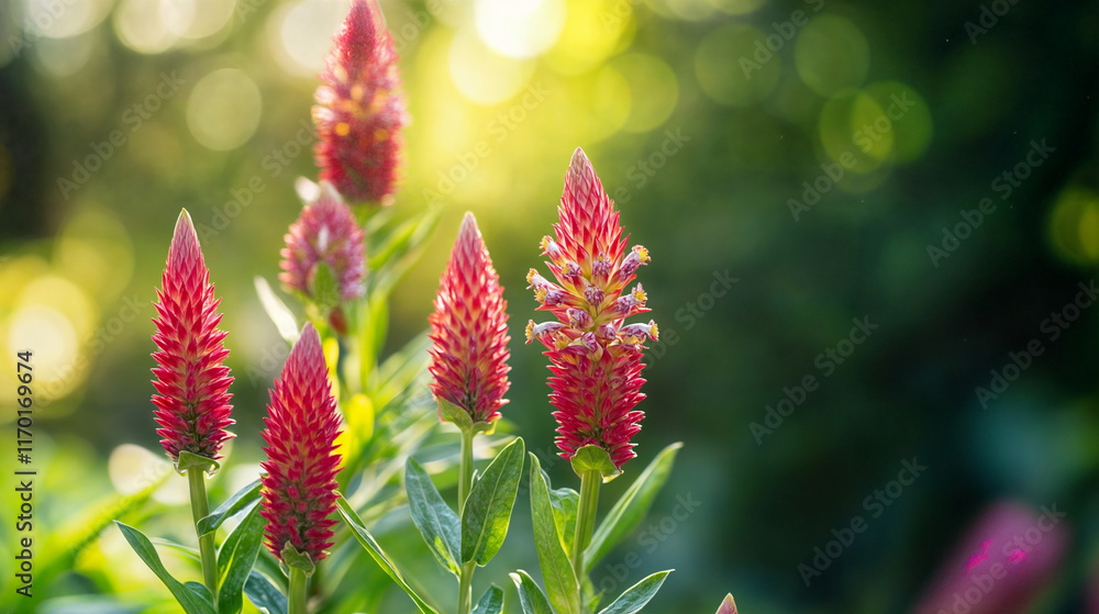 The image shows a group of vibrant red spiky flowers, likely celosia, with green stems and leaves, set against a blurred green background that suggests a garden or outdoor setting The image shows a group of vibrant red spiky flowers, likely celosia, with green stems and leaves, set against a blurred green background that suggests a garden or outdoor setting