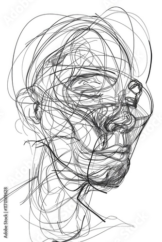 Black and white sketch, pencil drawing of a person's head in profile