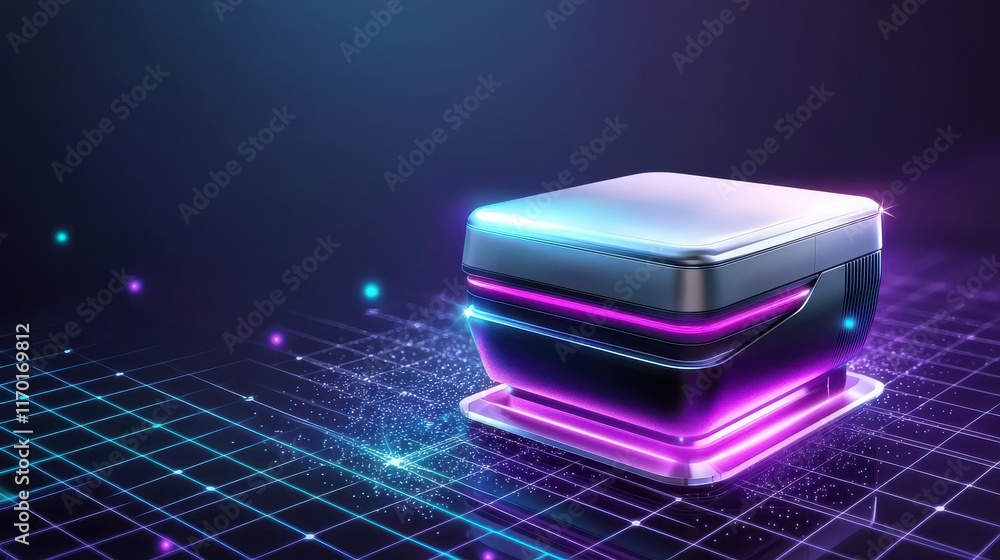 Abstract 3D printer icon with glowing edges, placed on a futuristic grid surface, emphasizing technological innovation.