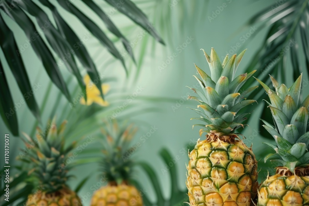 Fototapeta premium tropical pineapples on green background