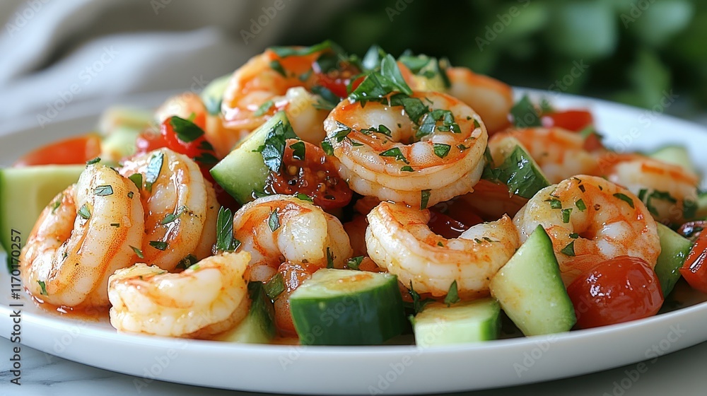 Shrimp salad with cucumbers and tomatoes, garnished. Shrimp salad with cucumbers and tomatoes, garnished.