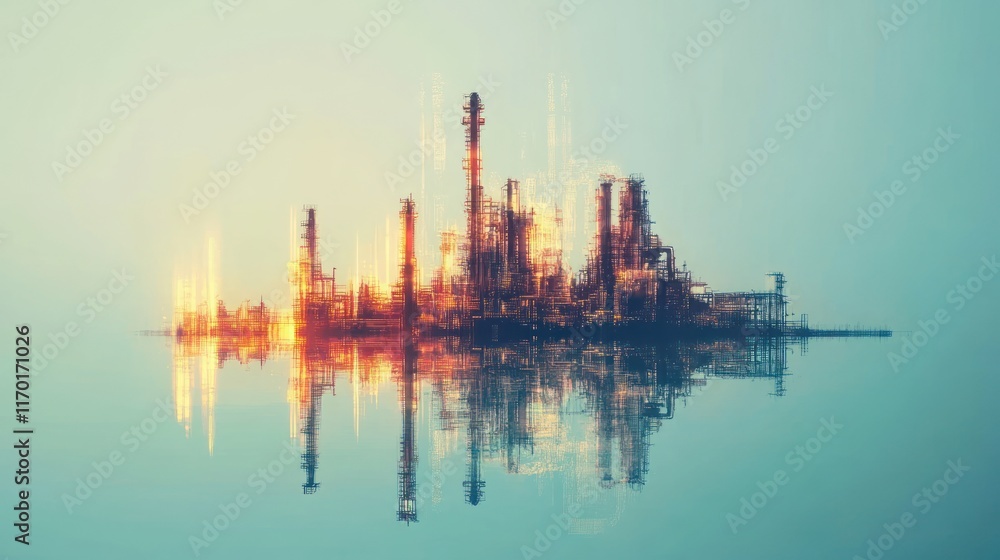 A digital representation of an industrial complex reflected in water, showcasing energy production. A digital representation of an industrial complex reflected in water, showcasing energy production.