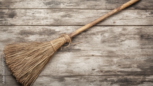 Wallpaper Mural A rustic broomstick lying flat on a worn wooden texture background with muted tones Torontodigital.ca