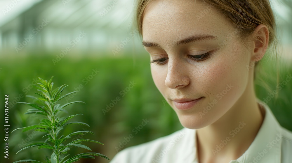 Environmental science drives research for preservation. Young woman caring for a plant in a greenhouse setting. Environmental science drives research for preservation. Young woman caring for a plant in a greenhouse setting.