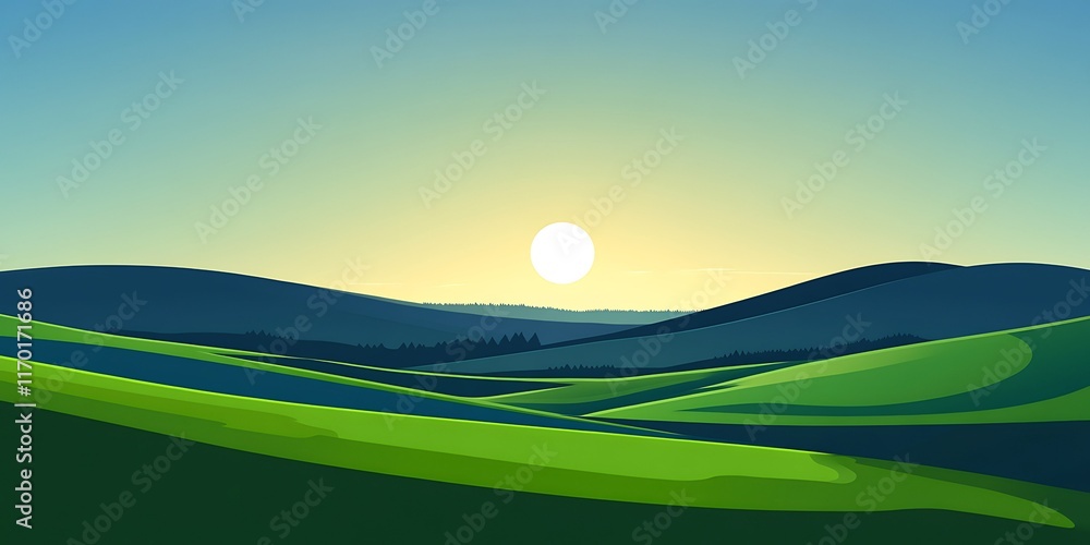 Obraz premium Sunset over rolling green hills and distant forest.