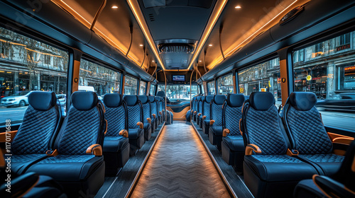 Luxurious, modern bus interior with blue seats and ambient lighting.