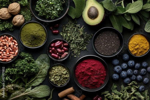 Fototapeta Naklejka Na Ścianę i Meble -  An array of herbs and spices in bowls arranged on a black background, suggesting healthy eating.