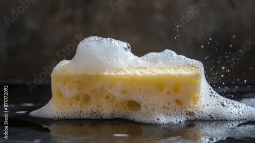 Detailed view of a sponge with soap bubbles, suitable for the concept of cleaning, washing and hygiene