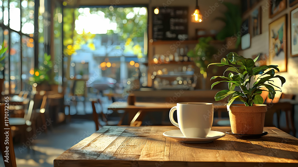 Enjoy Coffee, Plants, Cafe Ambiance, Sunny Day Enjoy Coffee, Plants, Cafe Ambiance, Sunny Day