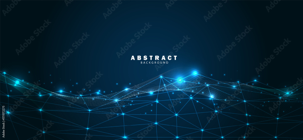 Obraz premium Abstract background with a futuristic design featuring a network of interconnected lines and nodes. Perfect for technology, AI, and low poly digital concepts. Design featuring soft, glowing lines.