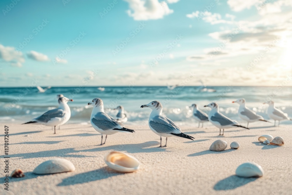 Fototapeta premium Flock of seagulls resting on a sandy beach, scattered shells and ocean breeze creating a serene scene