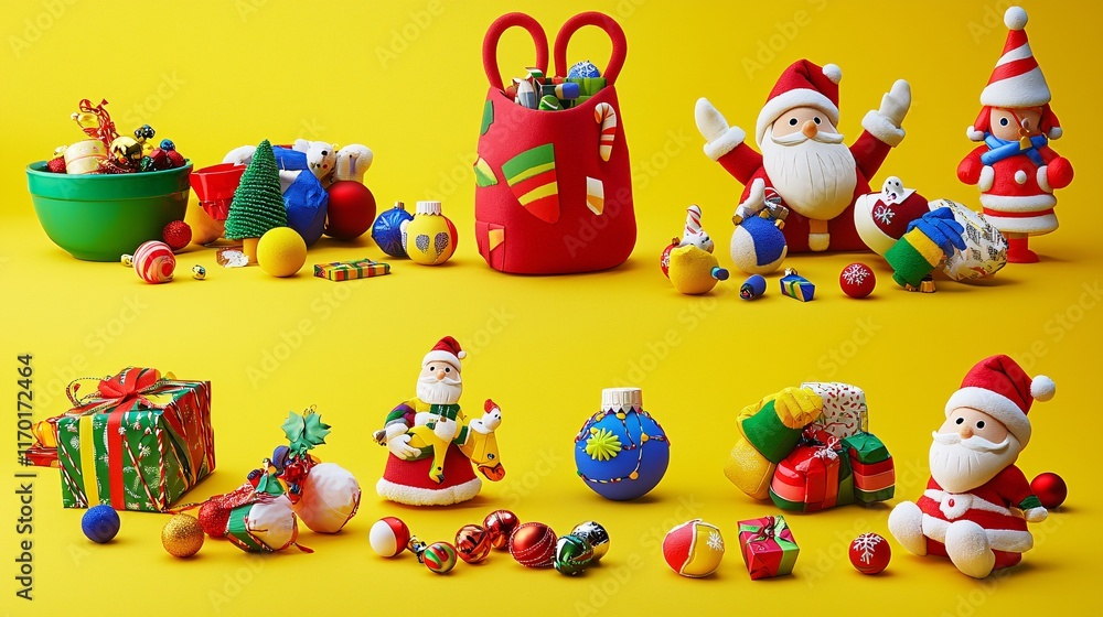 Obraz premium Colorful Christmas Decorations and Festive Elements on Yellow Background