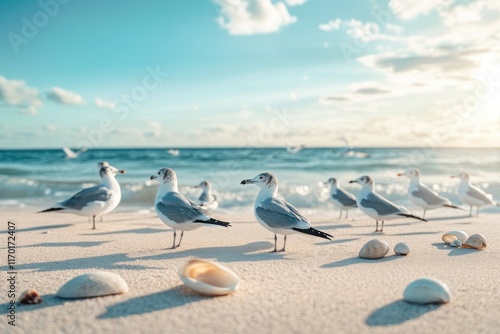 Flock of seagulls resting on a sandy beach, scattered shells and ocean breeze creating a serene scene photo