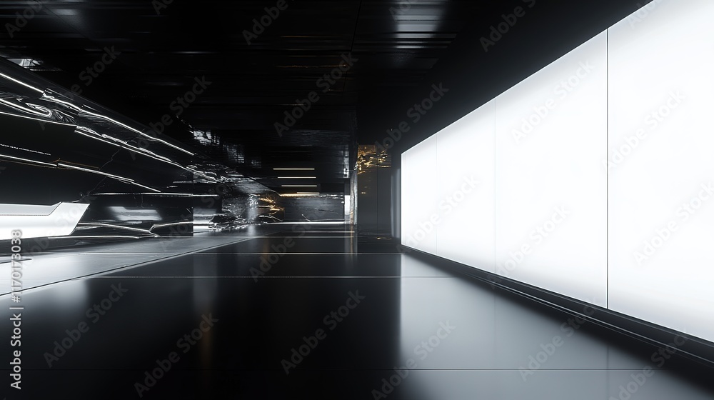 Modern Exhibition Space with Illuminated white blank Panels in Dark Room. 3D Rendering, HD image Modern Exhibition Space with Illuminated white blank Panels in Dark Room. 3D Rendering, HD image