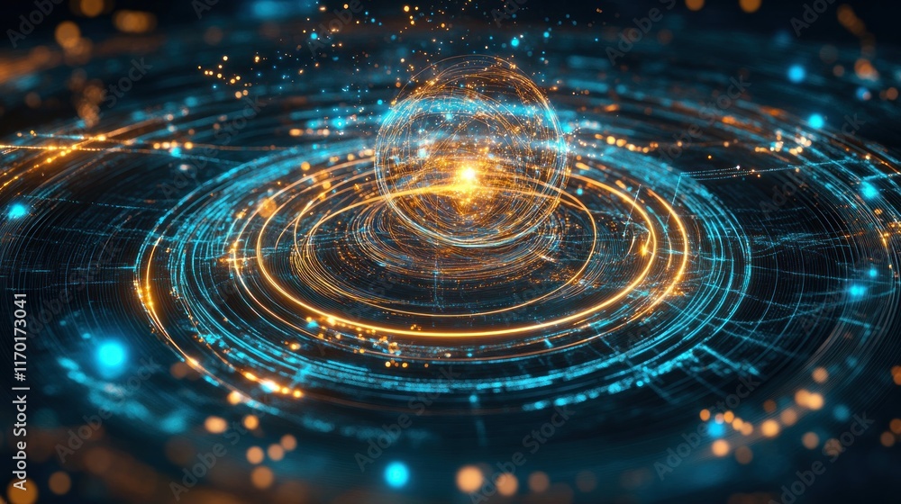 A digital representation of energy and motion with glowing particles and circular patterns. A digital representation of energy and motion with glowing particles and circular patterns.