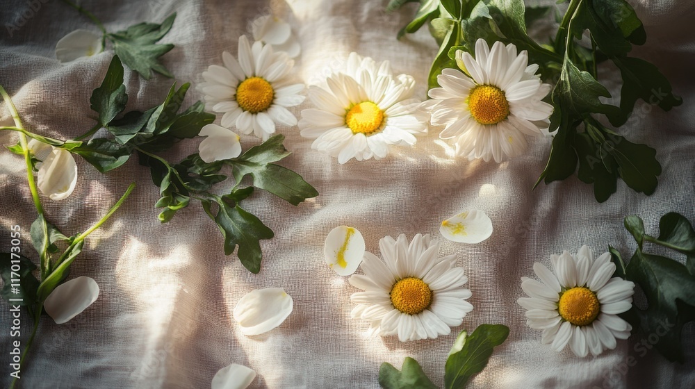 Obraz premium Fresh daisy bouquet laid on a linen cloth, surrounded by petals and greenery in soft, natural light