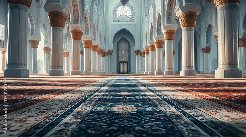 Obraz premium Grand mosque interior, sunlit columns, ornate carpets.