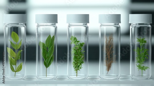 Environmental science drives research for preservation. Glass vials containing various fresh herbs and leaves. photo