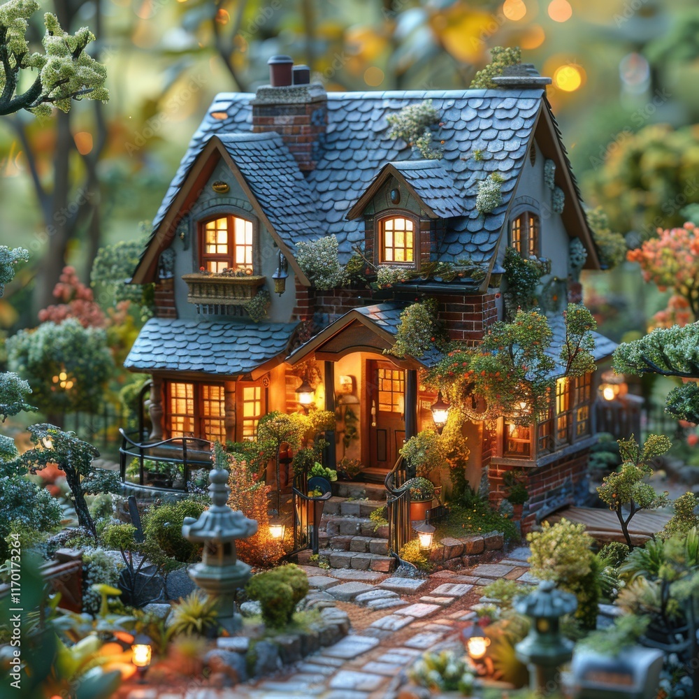 Fototapeta premium Enchanted Miniature Cottage at Night