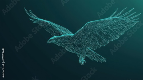 A digital wireframe representation of an eagle in flight against a dark background. photo
