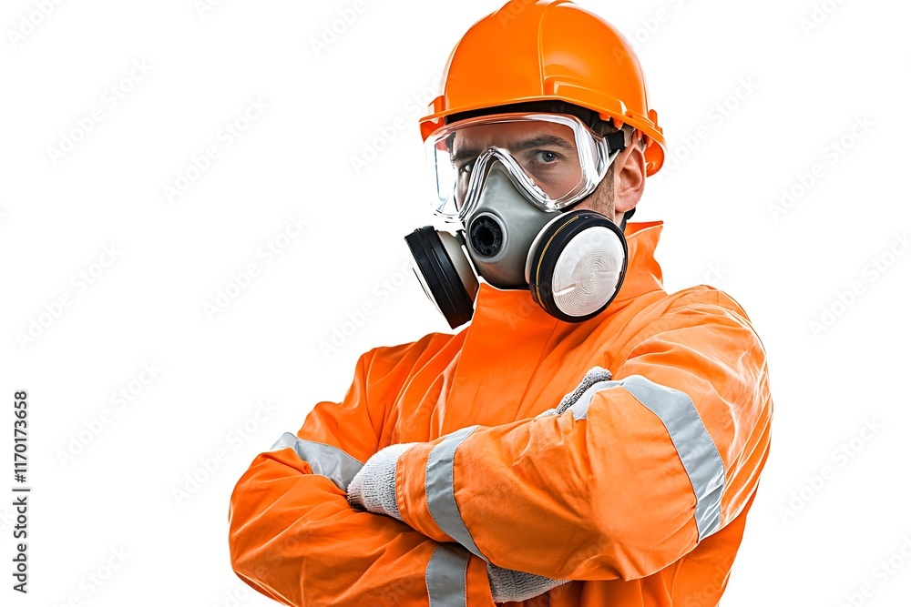 Worker in safety gear with a mask and helmet, ready for hazardous environments. Worker in safety gear with a mask and helmet, ready for hazardous environments.