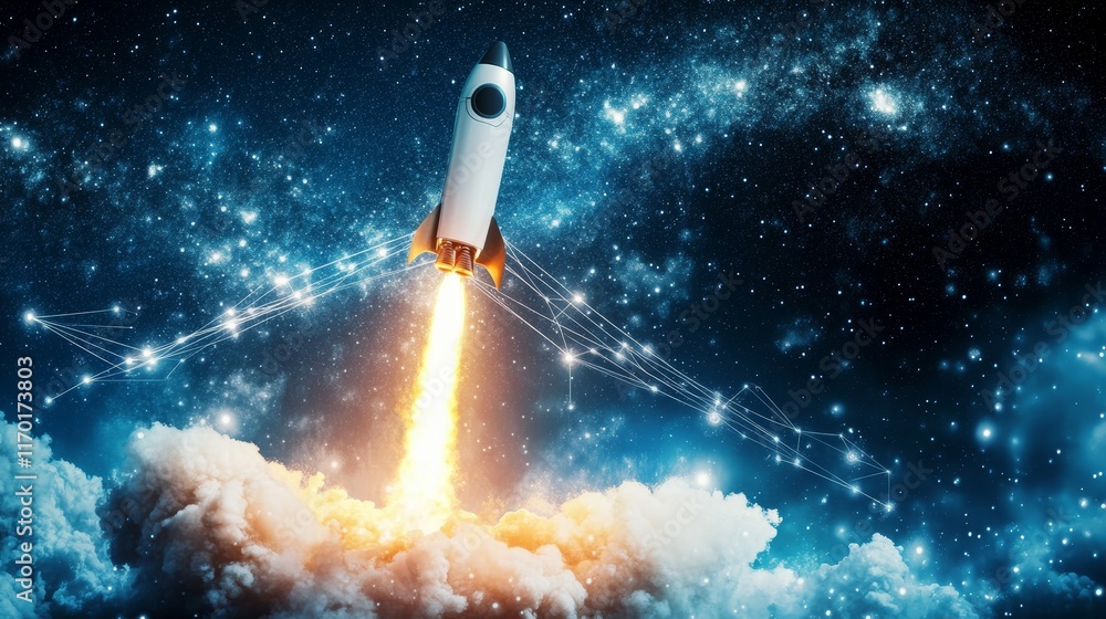 Fototapeta premium Entrepreneurship launch rocket start flying up and network line connection the Startup concept plan development business project digital technology idea of leadership strategy Startup growth