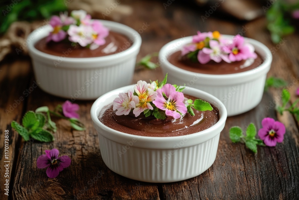 Three white bowls with chocolate pudding and flowers on top. The bowls are arranged on a wooden table Three white bowls with chocolate pudding and flowers on top. The bowls are arranged on a wooden table