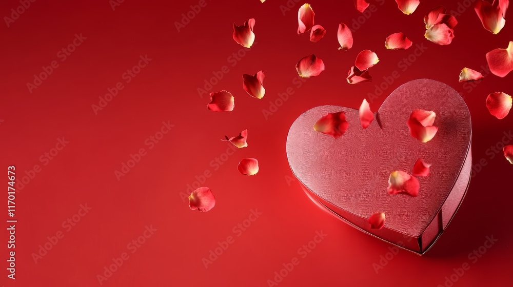 Heart shaped gift box with rose petals flying on red background Valentine present for premium product placement Holiday sale giftbox Heart shaped gift box with rose petals flying on red background Valentine present for premium product placement Holiday sale giftbox