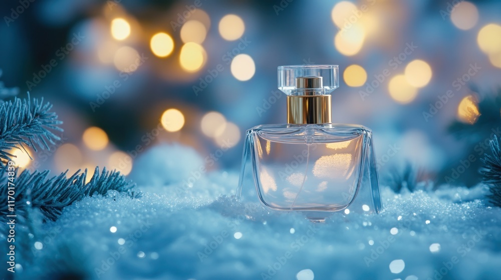 Perfume bottle in snow with bokeh lights. (2) Perfume bottle in snow with bokeh lights. (2)