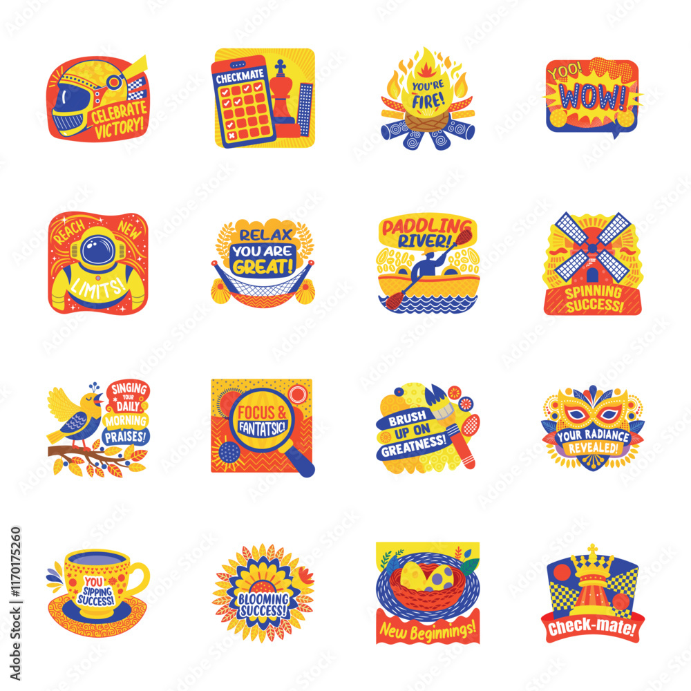 Set of Flat Style Success Typography Stickers
Set of Flat Style Success Typography Stickers