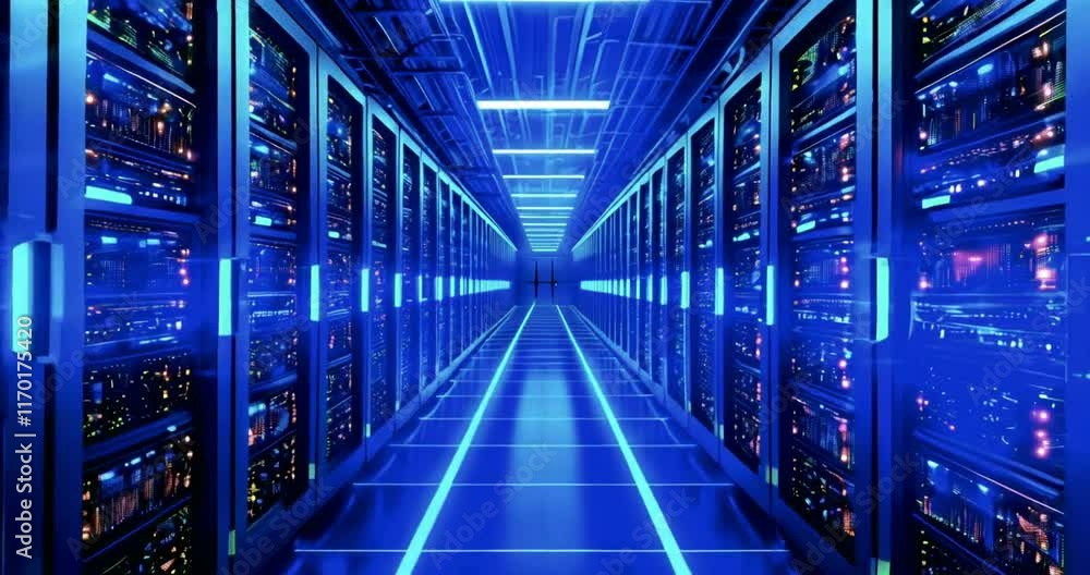 Illuminated server room corridor with glowing racks. Illuminated server room corridor with glowing racks.