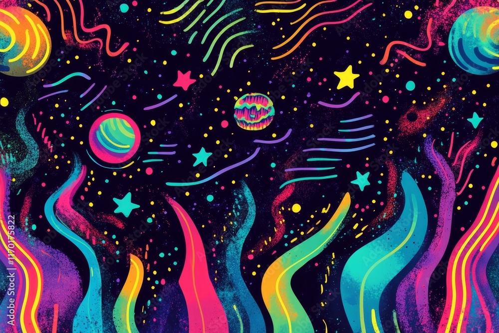 Vibrant cosmic abstract art with planets, stars, and swirling nebulae. Vibrant cosmic abstract art with planets, stars, and swirling nebulae.