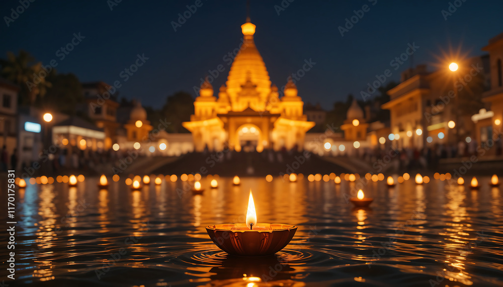 Fototapeta premium Karthigai Deepam, Illuminated Floating Candles at Night Temple Festival, Ai generated images