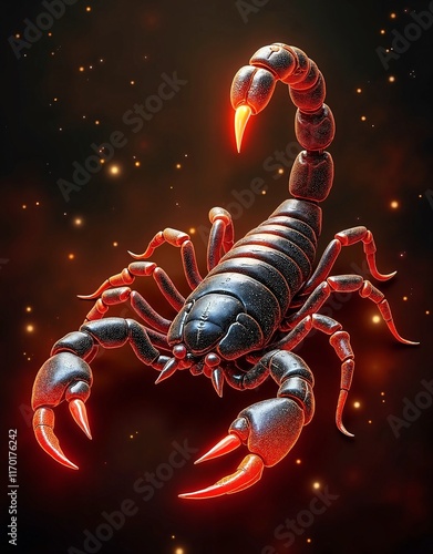 A fierce, glowing black scorpion with sharp red and orange stingers, set against a dark, mysterious background of deep red and black swirls. Tiny sparks of gold twinkle in the air.