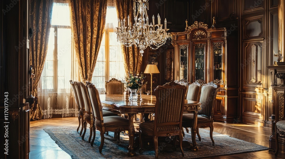 Fototapeta premium Elegant Vintage Dining Room with Crystal Chandelier in Soft Light