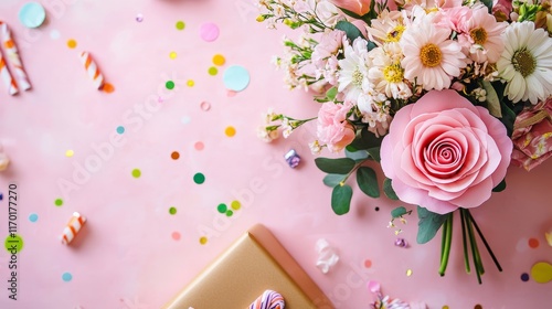 Best mom ever rosette with bouquet of flowers gift box confetti on pastel pink background Happy Mothers Day concept photo