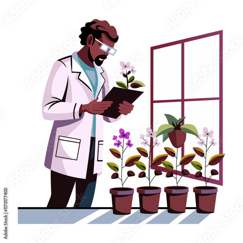 Plant scientist research on houseplants, flat style illustration 
