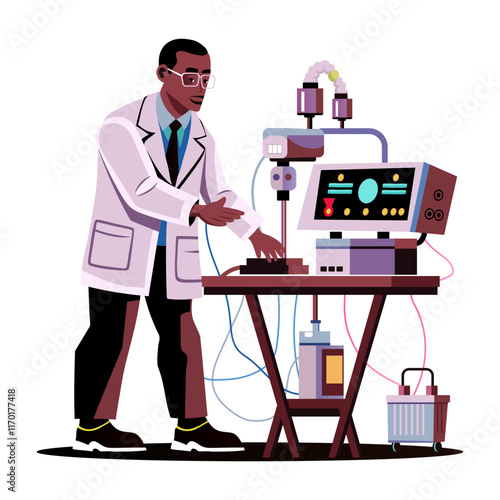Biomedical engineer operating an apparatus with hands illustration in flat style 
