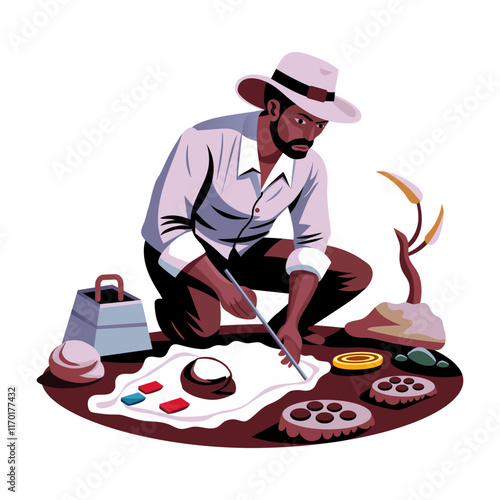 Archaeologist collecting different samples from ground, flat style illustration 

