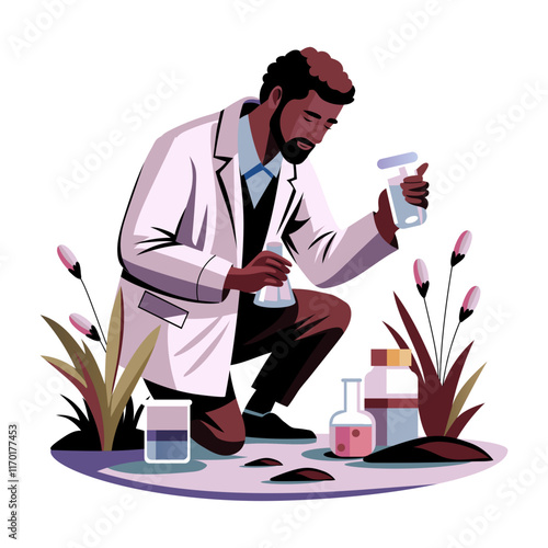 Environmental scientist doing experiment on plants, flat style illustration 