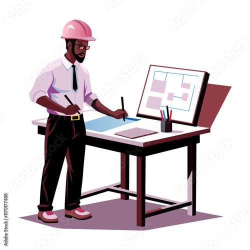 A flat illustration of an engineer draw a map on system 

